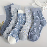 5 Comfy Cartoon Flower Pattern Knitted Socks, Breathable Soft Crew Socks For Outdoor Wearing - KawaSocks